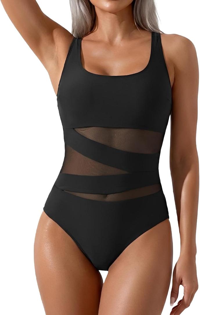 B2prity Women's Mesh One Piece Swimsuit Tummy Control Sexy Bathing Suit Push Up Swim Suit Slimming Swimwear (Black, L)