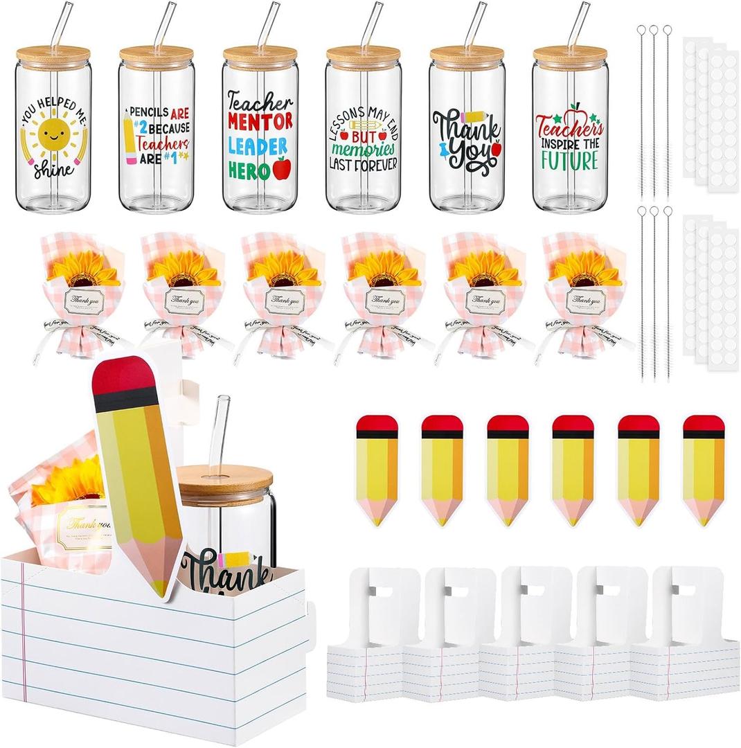 Mumufy 6 Set Teacher Appreciation Gift Boxes-16oz Glass Cups with Lids Straws Brushes and Sunflower Faux Bouquets & Carry Boxes & Pencil Tags for Teacher Appreciation Gifts Bulk Graduation Gift