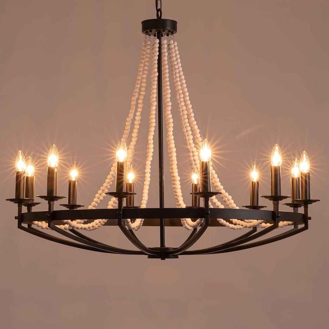 Farmhouse Candle Chandelier, 39" Black Wagon Wheel Chandelier with Wood Bead, Rustic French Country Style,Dining Room Lighting Fixture for Living Room, Bedroom, Kitchen, Hallway, Foyer (D39"xH33.5")