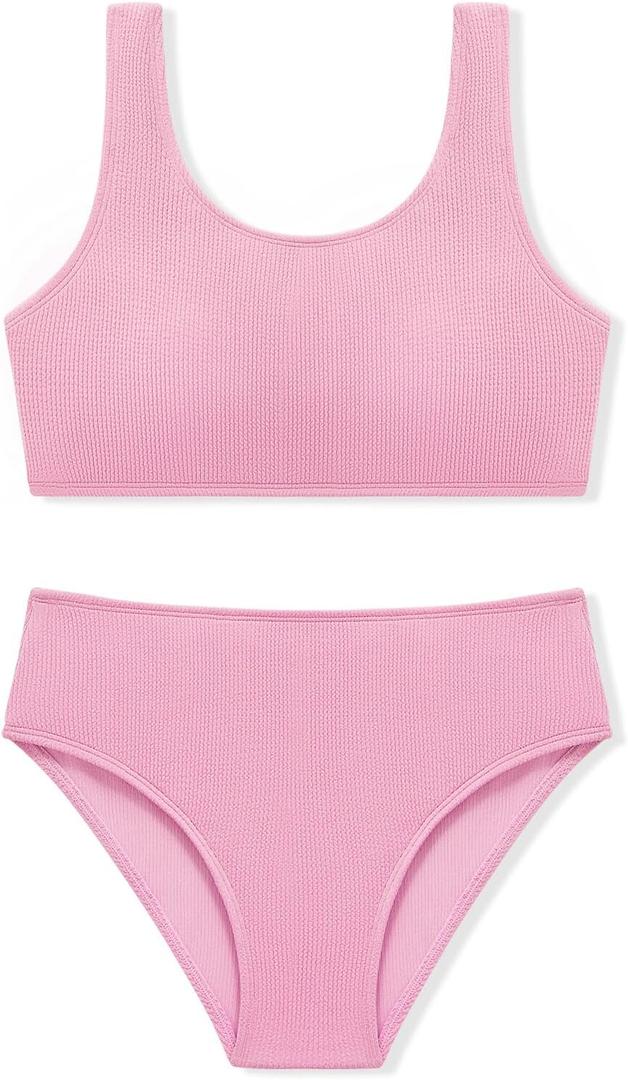 Girls Two Piece Swimsuits Ribbed Bikini Sets Swimming Bathing Suit Beach Sport Athletic Teen Girls Swimwear (15-16 Years, Pink)