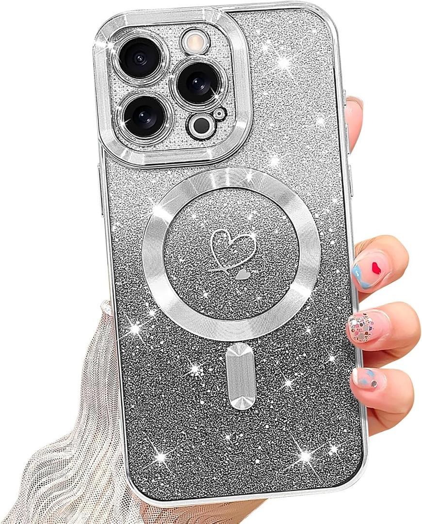 NITITOP Compatible with iPhone 16 Pro Max Case Cute Clear Glitter [Compatible for MagSafe] Sparkle Bling Magnetic Plating Heart Girl Women Electroplated Frame Camera Protection Back Cover - Silver