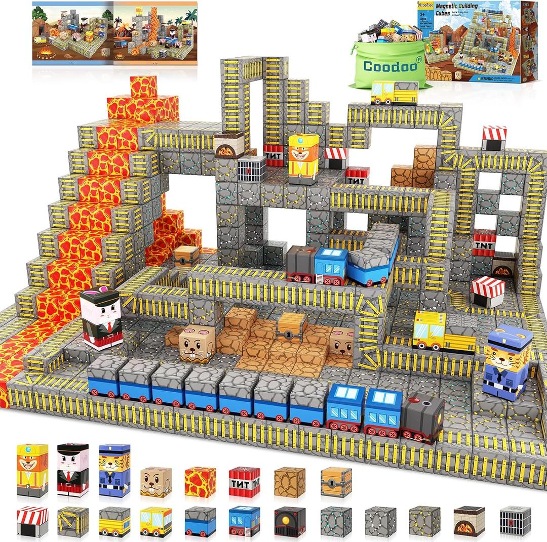 Coodoo Magnetic Blocks - Build Mine Magnet World Mine Train Track Set, Magnetic Building Blocks Toddler Toys STEM Sensory Outdoor Toys for 3+ Year Old Boys & Girls, Kids Toy for Ages 4-6 6-8 5-7 (Medium)