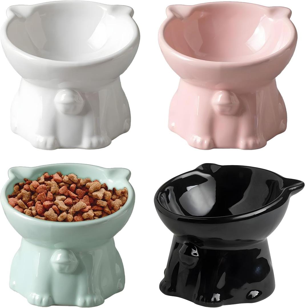 Ceramic Elevated Cats Bowls, 4Pc Extra Wide Raised Cats Bowls, Shallow Whisker Friendly Food & Water Dish, Anti Vomit, Microwave & Dishwasher Safe, 5 oz (Cat Bell 5 X 4.3'')