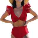 Women High Waisted Swimsuit Pleated Lace Ruffle Bikini Padded Swimwear (Large, Red)