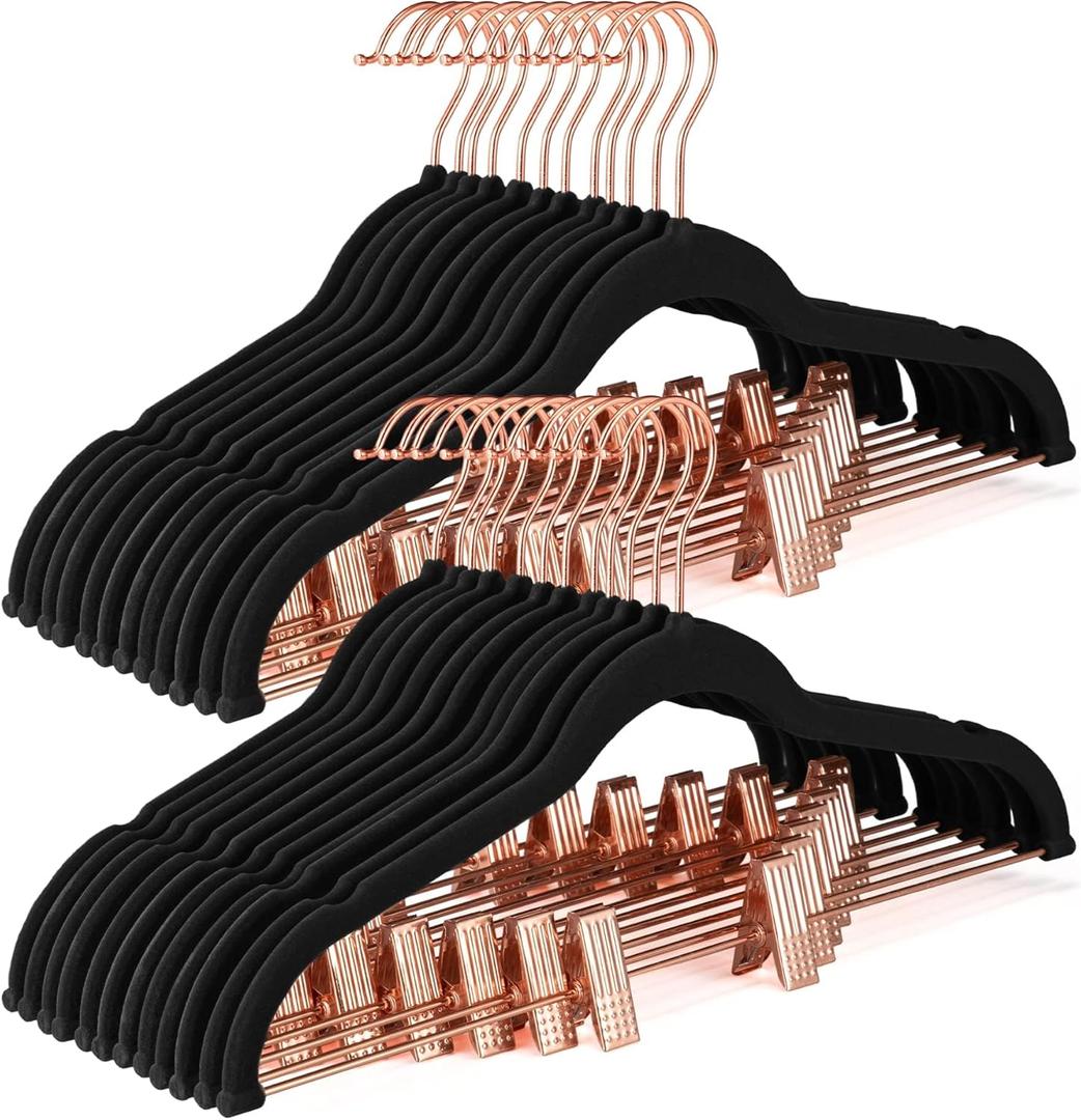 HOUSE DAY Velvet Pants Hangers with Clips 24 Pack, Ultra Thin Non Slip Velvet Skirt Hangers with Rose Gold Hooks Space Saving Clothes Hanger for Trouser, Skirts, Jeans, Dress, Coats (Black)