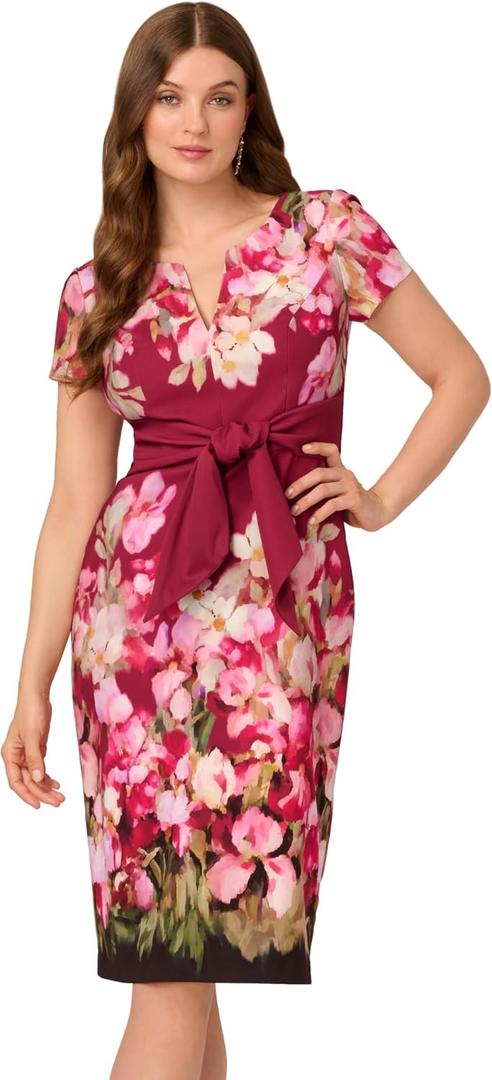  Adrianna Papell Women's Tie Front Stretch Twill Dress, Berry Multi, Size 8 