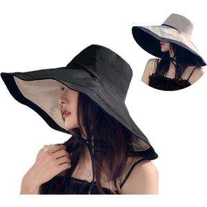 Packable Large Brim Sun Hat for Women - 6.7" Wide-Brim UV-Protection Women's-Sun-Beach-Hats with Strap (Medium, Black)