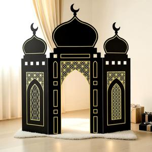 Amyhill Ramadan Eid Mosque Decorations 41 x 44.5 Inch DIY Cardboard Mosque Castle for Home Ramadan Playhouse Corner Activities for Islamic Muslim Home Decor(Black Gold)