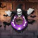 6FT Grim Reaper Wreath Halloween Decoration with Built-in LED Lights for Halloween Outdoor Inflatable Decorations on Doors, Windows, and Walls