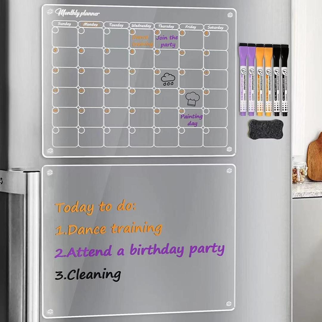 Acrylic Magnetic Dry Erase Calendar Board for Fridge, Monthly Calendar&Blank Dry Erase Board for Fridge, 90% Stronger-Magnetic Planner Also for Stainless Steel with 6 Markers15.7x11.8 inch