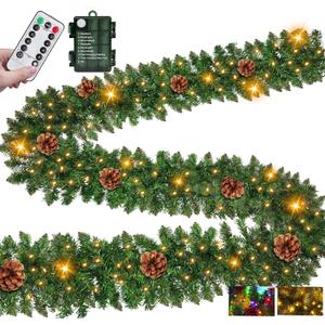Remote Control&Timer- Super Thick 9 Ft Prelit Christmas Garland with 50 Warm White & Colorful Change Lights, Artificial Lighted Garland 270 Realistic Tips 10 Pinecone for Mantle Stair Railing Outdoor