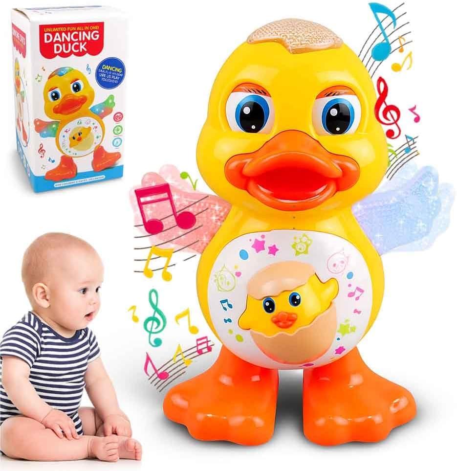 Dancing Duck Toy, Tummy Time Toys with Music & Flashing Lights, Interactive Musical Duck with Colorful Wings (Duck)