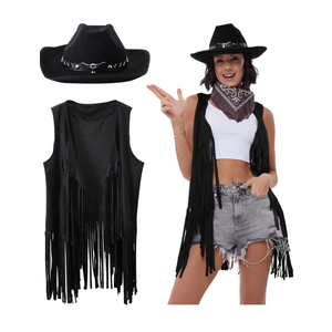 PARTTElY Outfits for Women Cowgirl Tassel Sleeveless Vest Cowboy Hat and Paisley Bandana, L