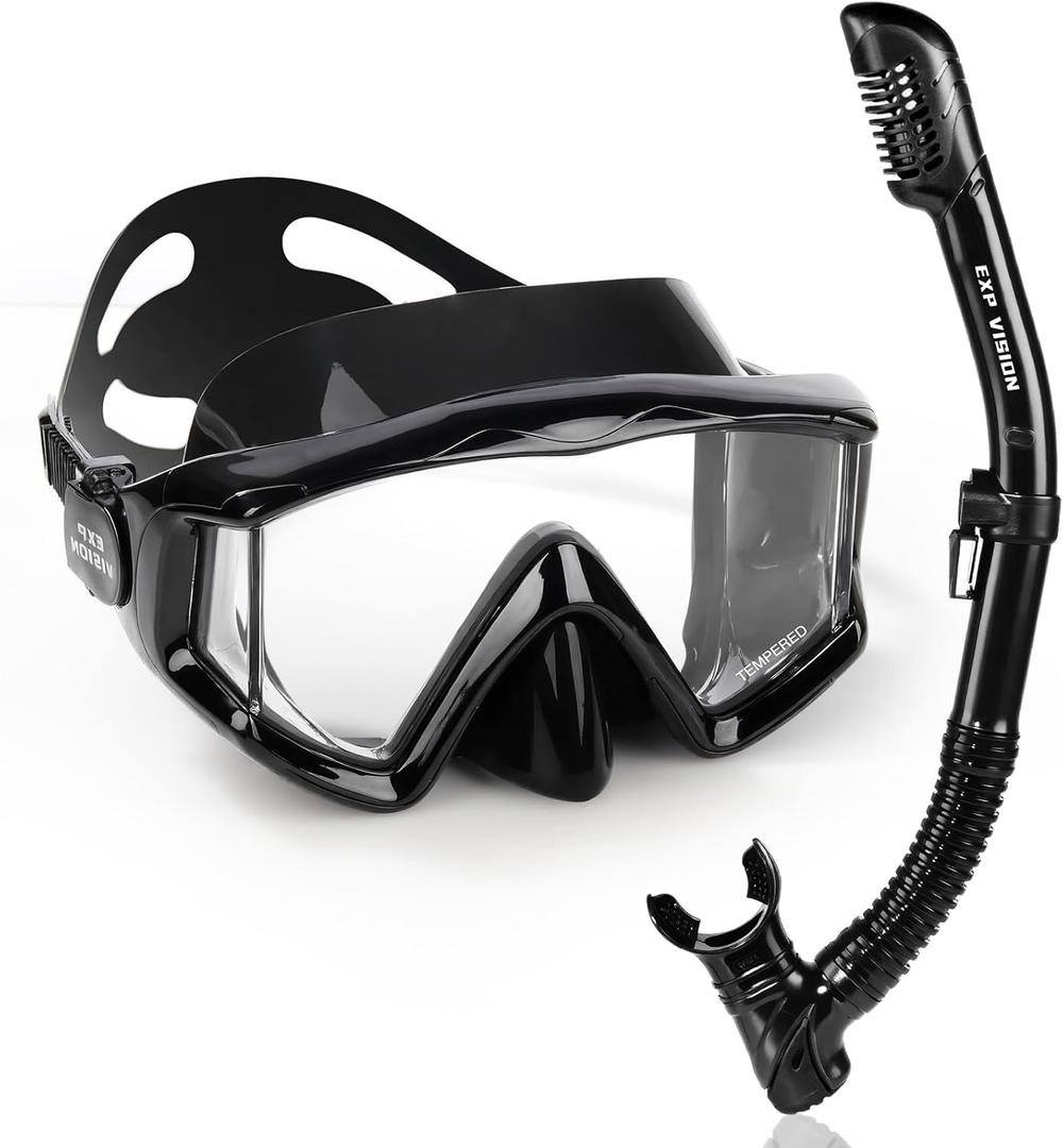 Adult Pano 3 Scuba Diving Mask, Tempered Glass Snorkel Mask Anti-Fog Swim Mask No Leakage Swim Goggles with Nose Cover Snorkeling Gear for Snorkeling, Freediving, Swimming (Mystic Black Set)