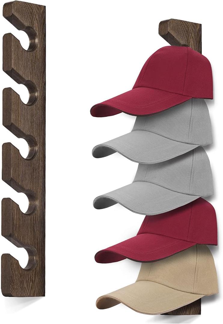 Hat Rack for Wall Baseball Cap Organizer Hanger (2 Pack) Modern Wooden Hat Holder Wall-Mounted Caps Display for Closet Door Bedroom Entryroom Laundry (Brown)