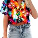 Cropped Hawaiian Shirts for Women Hawaii Tropical Button Down Tops Floral Tropic Print Summer Beach Outfits (XL)