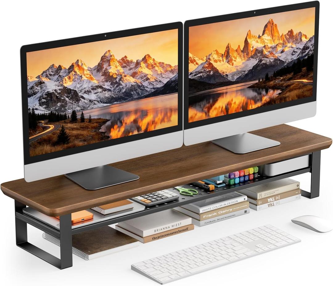 Dual Monitor Stand, 35.4 Inch Monitor Stand Riser for 2 Monitors, 2 Tiers Wood Desk Shelf with Storage, Desktop Organizer Stand for Computer, Laptop, Printer, TV