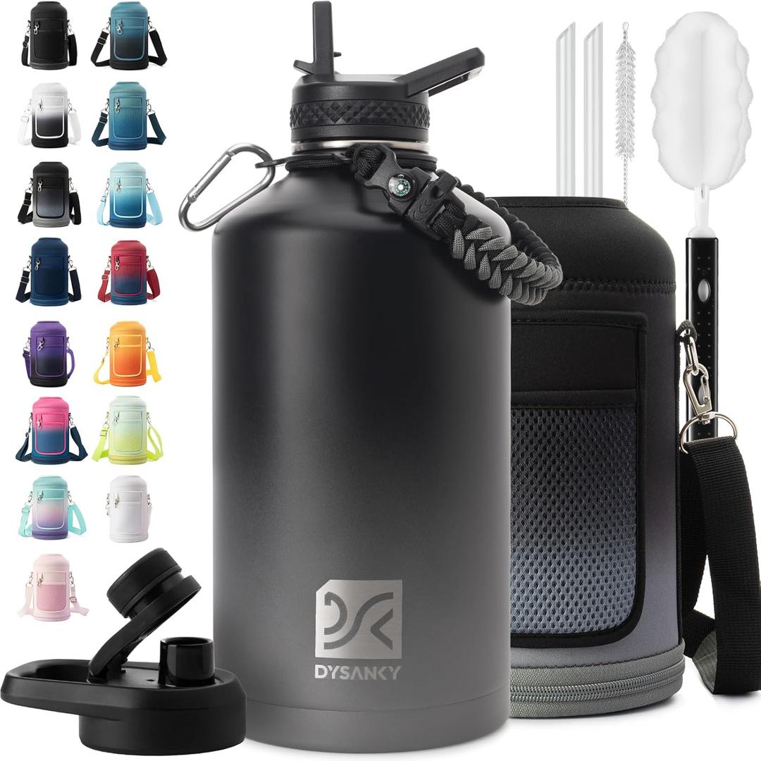 DYSANKY 1 Gallon Water Bottle Insulated | Thickened Stainless Steel Vacuum Metal Water Jug | Portable Sports Large for Gym and Hiking with Straw, Carrier Bag, Handle Strap | BPA-Free 128 oz (Black/Gray)