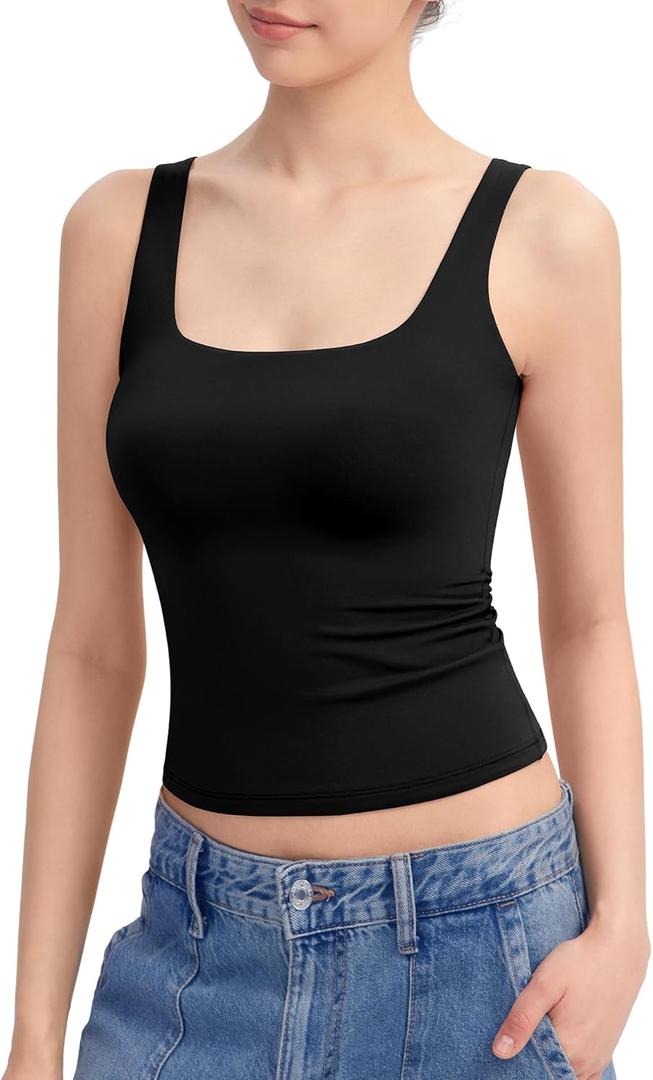 PUMIEY Women's Square Neck Tank Top Sleeveless Double Lined Basic Tops Sharp Collection (X-Large, Jet Black)