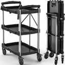 DWVO 3-Tier Folding Utility Cart, Foldable Service Cart Heavy Duty Collapsible Rolling Cart with 360 Swivel Wheels and Brake, 350LBS Load Capacity Portable Utility Cart for Kitchen, Warehouse, Garage
