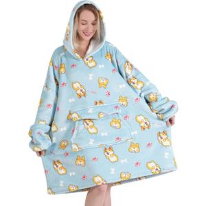 Fiosnow Corgi Blanket Hoodies for Women and Men Adult Oversize Wearable Blanket Hoodies for Soft and Warm (Light Blue Corgi)