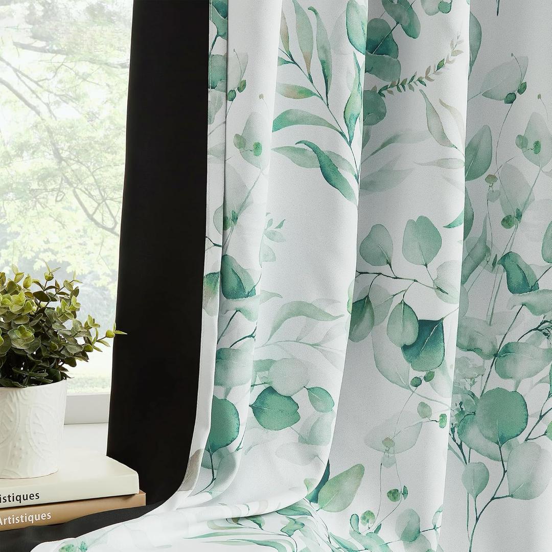 100% Blackout Curtains Green Floral Pattern Curtains 63 Inches Long for Bedroom Watercolor Leaf Print Thermal Insulated Drapes for Living Room Darkening Rod Pocket Window Curtains 2 Panels (Back Tab | Sage Green)