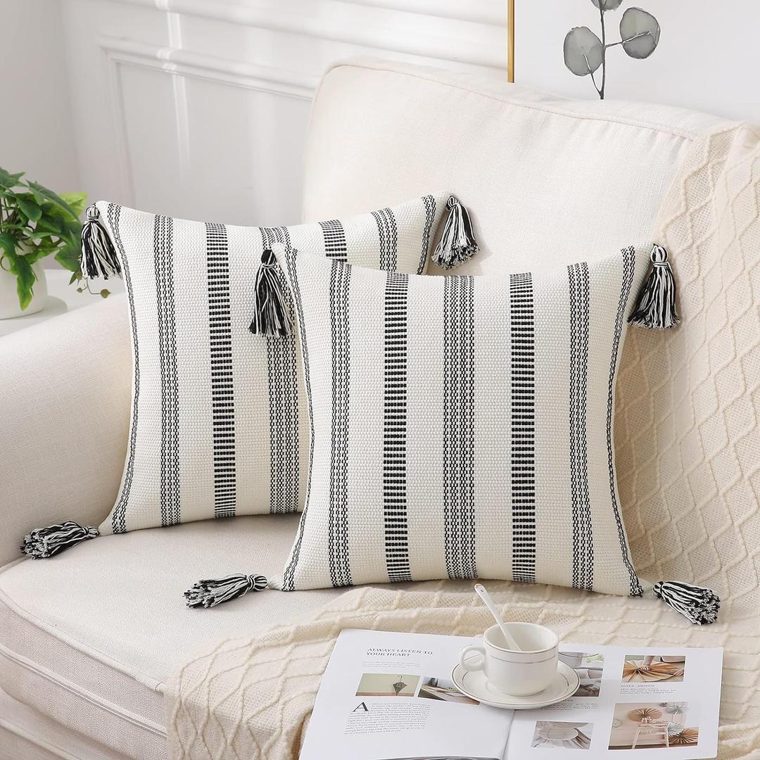 Smile Bee Boho Outdoor Couch Throw Pillow Covers Set of 2, Decorative Thick Woven Striped Accent Neutral Pillow Covers with Tassels for Bed Sofa Home Decor, 18x18 Inch, Black and Cream White