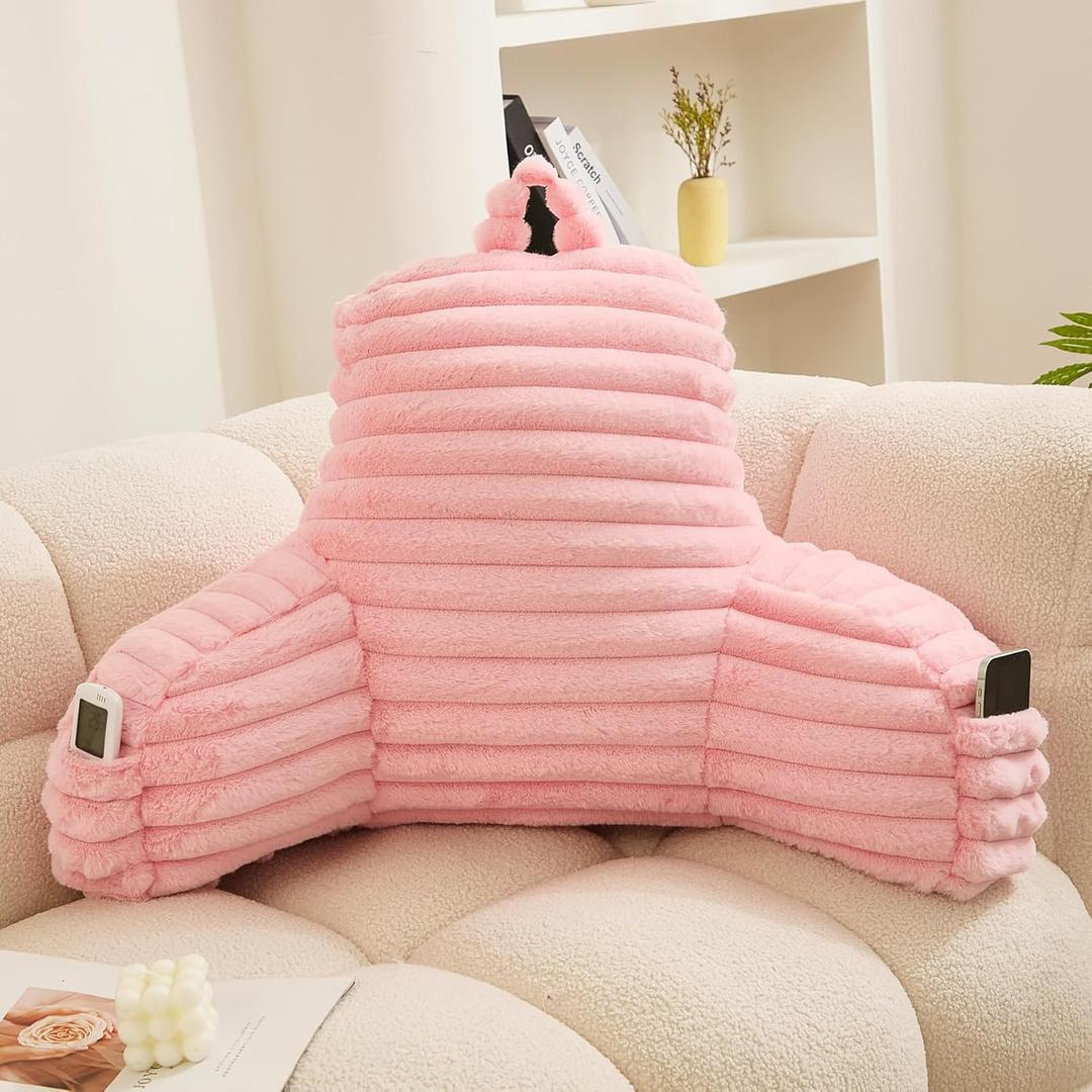 WERDIM Reading Pillow for Sitting in Bed, Faux Fur Back Pillow for Rest, Bed Chair Pillow with Arms and Pockets(XLarge, Pink)
