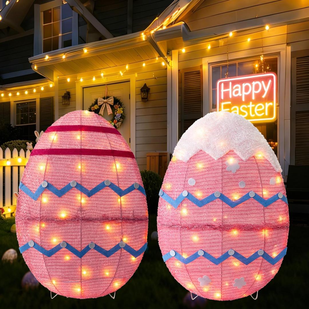Outdoor Easter Decorations Yard Decor, Set of 2 Lighted Metal Eggs, 34 Inch, Lights Plug in LEDs for Porch Lawn Garden