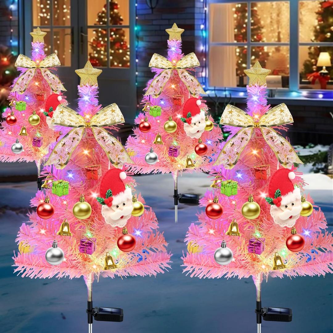 4 Pcs Solar Christmas Tree Pink, Outdoor Christmas Decorations, 80 LED Waterproof Solar Christmas Lights, Multicolor Xmas Tree Lights for Outside Holiday Pathway Yard Garden Patio Cemetery Decor