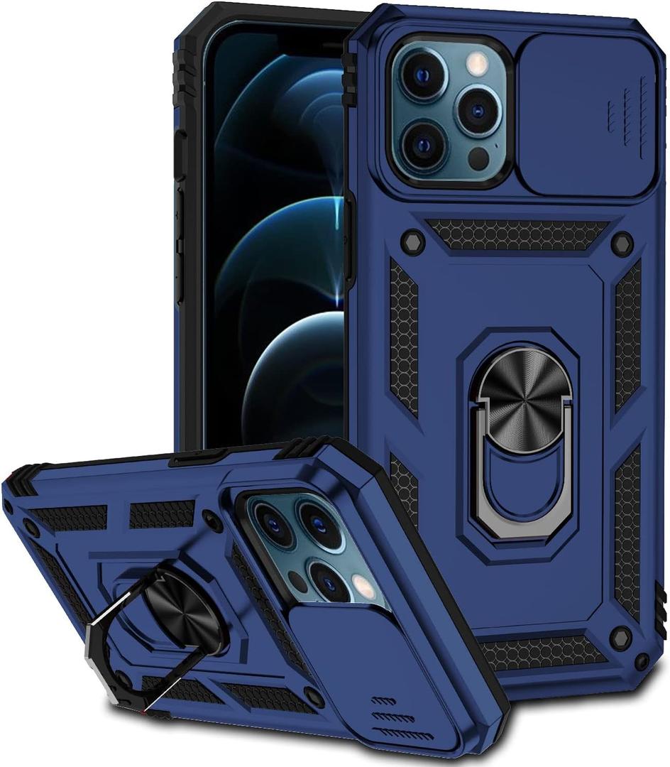 Phone Case for iPhone 12 Pro Max with Camera Lens Cover HD Screen Protector,Military Grade Ring Car Mount Kickstand Hybrid Hard PC Soft TPU Shockproof Protective Blue