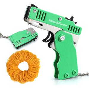 Kids Toys Cool Keychain Rubber Band Mini Metal Folding Rubber Launcher Toy with 60 Elastic Rubber Bands for Game Outdoor Activities (Green)