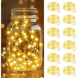 btfarm 12 Pack Fairy Lights Battery Operated, 7FT 20 LED Mini String Lights Waterproof Silver Wire for Mason Jars Centerpiece Table Crafts Bedroom Christmas Decoration, Warm White