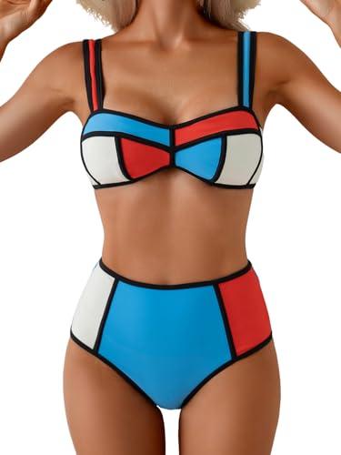 Eomenie Bikini Sets for Women Two Piece Swimsuits High Waisted Color Block Bathing Suits Tie Back Swimwear, Size 2XL