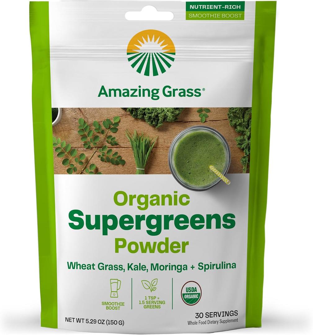 Amazing Grass Super Greens Booster: Greens Powder Smoothie Mix with Spirulina, Moringa, Wheat Grass & Kale Smoothie Booster, Chlorophyll Providing Greens, 30 Servings (EXP 05/15/25)