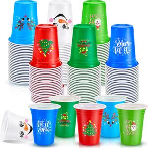 Zhehao 50 Pcs Christmas Plastic Cups 12 oz Disposable Holiday Cups Santa Christmas Tree Elk Snowman Elf Red Green White Blue Drinking Cup for Adults Xmas Holiday Party Supplies, 6 Styles
