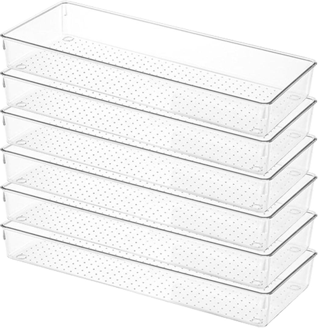 Voittozege 6 Pack Clear Drawer Organizer Trays Plastic Drawer Organizers Set 15 x 6 x 2 Inch Desk Drawer Divider Storage Bins Stackable Drawer Organizer Trays for Dresser Makeup Kitchen Office