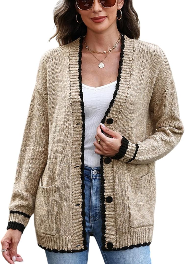 CiCiBird Womens Color Block Cardigan Sweater Fall Button Down Open Front Coatigan Soft Knit Coat with Pocket (L)