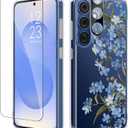 GVIEWIN for Samsung Galaxy S25 Plus Case with Screen Protector & Camera Lens Protector, [Non Yellowing] Clear Floral Hard Shockproof Bumper Women Phone Case for S25 Plus 6.7" (Aconite/Blue) (For S25 Plus without Magnetic)