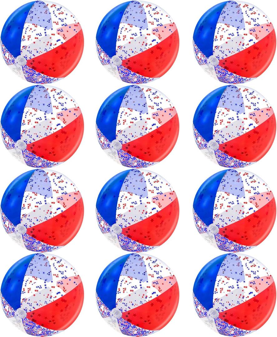 12 Pack 16" Inflatable Patriotic Beach Balls,4th of July Red White and Blue Stars Glitters Beach Ball Bulk,250th Anniversary Pool Toys for Kids & Adults Summer Swimming Pool Beach Party Game Water Toy