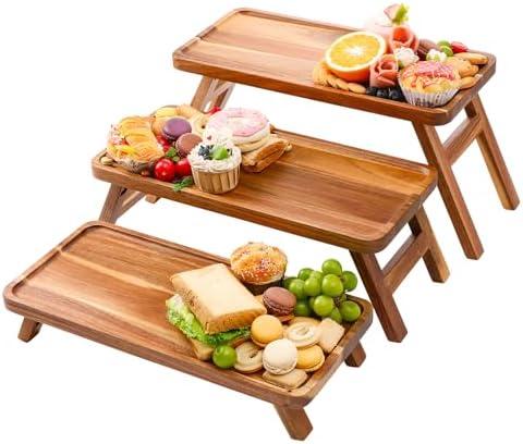 3 Tier Serving Tray 17 Inch Wooden Tiered Tray Stand Foldable Dessert Table Display Set Decor Charcuterie Boards Rustic Wood Platters Trays for Party Food Display