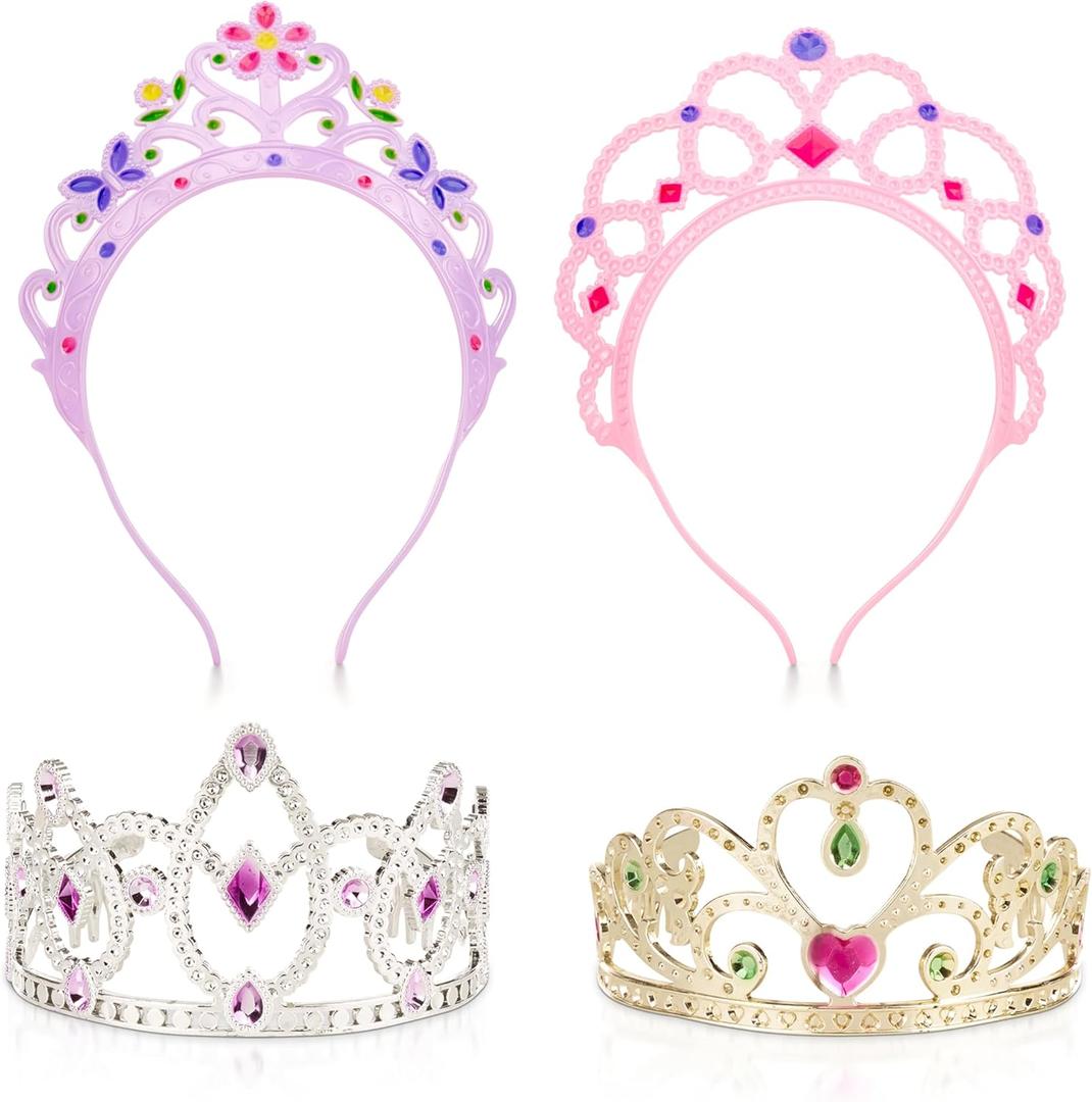 Melissa & Doug Dress-Up Tiaras Play Set for Kids (4-Piece) Pretend Princess Crowns for Costume Role Play Preschool Jewelry Toys for Girls Ages 3+