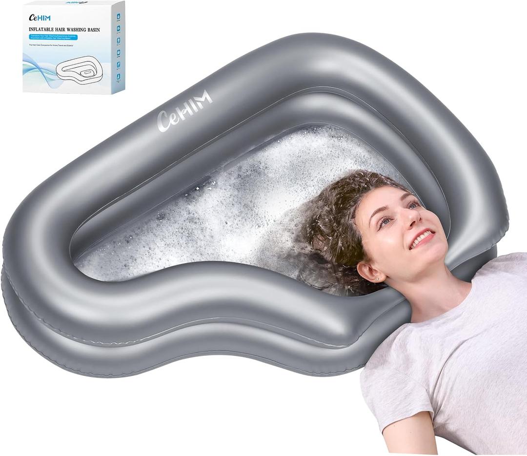 Portable Inflatable Shampoo Basin for Bedridden Elderly, Hair Washing Bowl with Drain Hose & Neck Support, PVC Inflatable Shampoo Bowl for Bedridden Patients, Disabled, Seniors, Kids, Home Care (Silver)