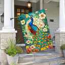 2 x Peacock House Flag 28x40 Inch Double Sided Garden Flag with Colorful Stained Glass Bird and Floral Design for Yard Porch Outdoor Decor Spring Summer Vertical Banner Decorative Art