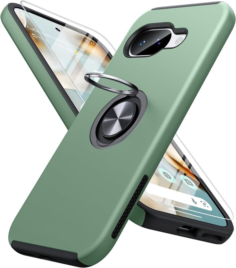 JAME for Google Pixel 10a Case with Screen Protector, Dual Layer Military Grade Protection, Shockproof Cover with Metal Ring Holder Stand Kickstand, Slim Phone Case for Google Pixel 10A, Alpine Green