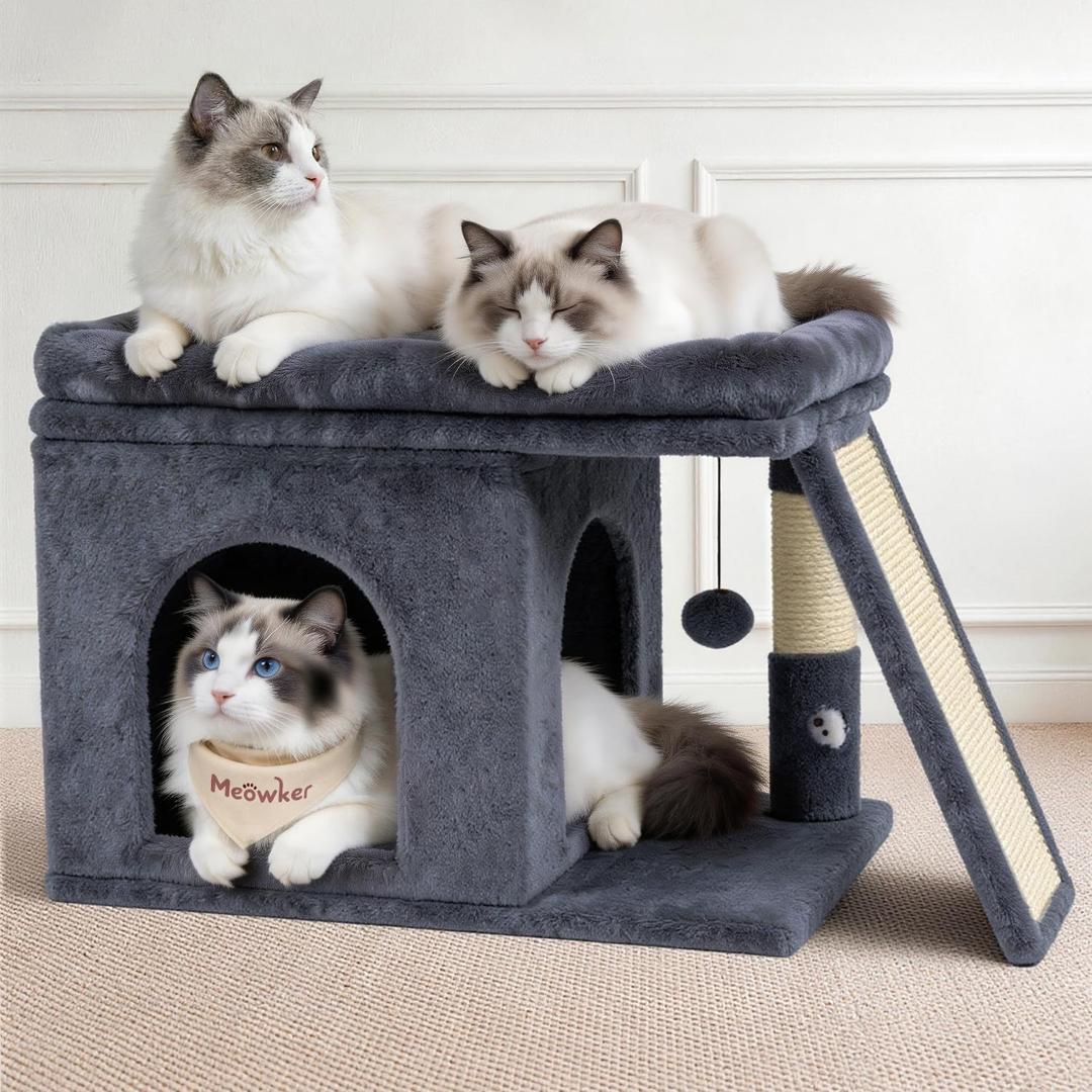 Cat Tree Tower Bed with Scratching Post for Indoor, Heavy Duty Small Stand House Condo for Large Cats & Kittens, Platform Perch Hideout Climb Rest Area, Modern Sturdy Furniture, Dark Gray