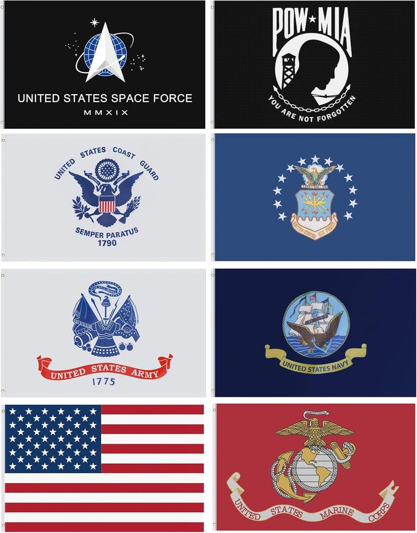 3 * 5 FT Lot of 8 Branches Military Set Polyester Banner Space Force,Air Force,Navy,Coast Guard, Army,Pow Mia,United States Flags (3 * 5 FT)