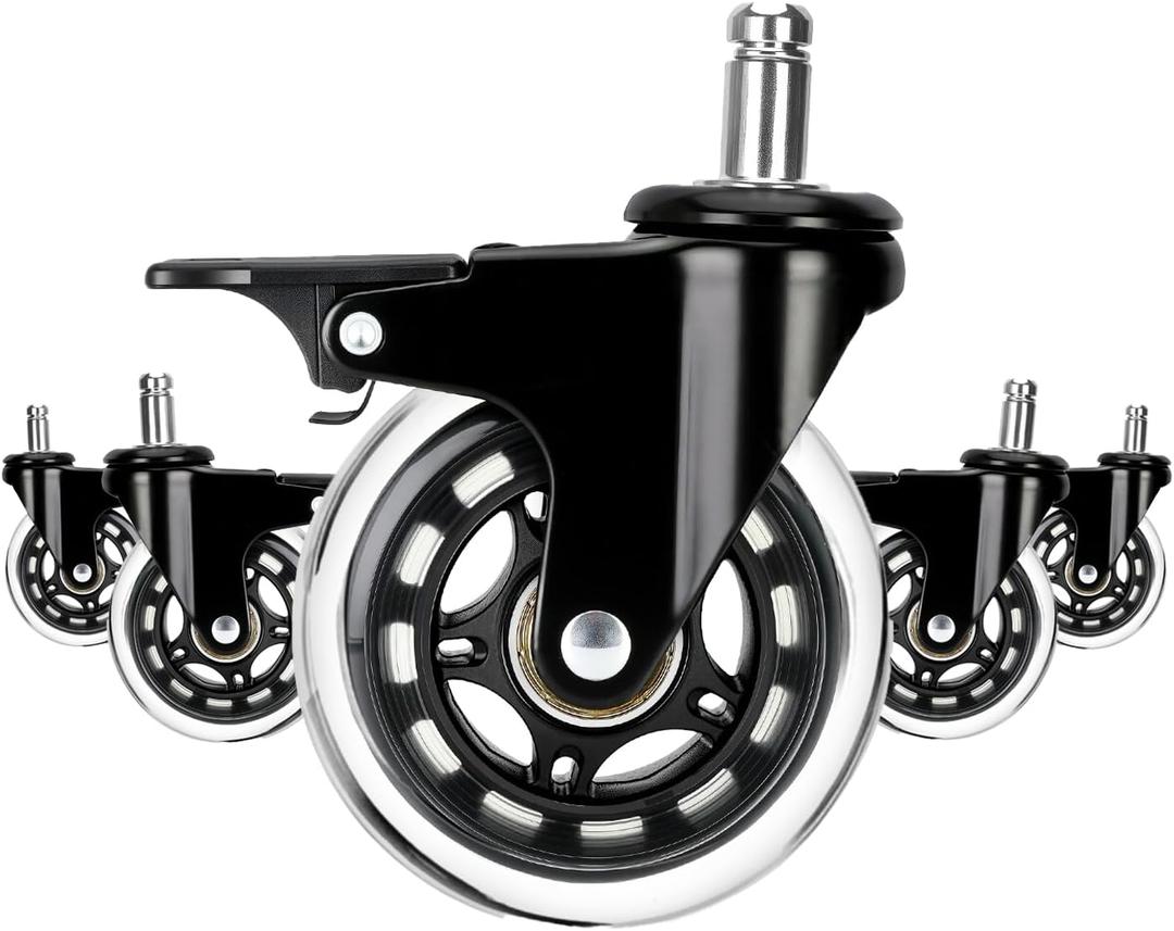 LONGADS Office Chair Caster Wheels with Brakes 5 Packs 3 in for Hardwood Floors and Low Pile Carpet,Heavy Duty Quiet Swivel Replacement -Made from Soft Premium Pu Rubber-Black