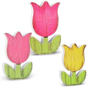 3 Size Spring Tulips Wood Signs Spring Table Decoration Retro Pastel Flower Table Centerpieces Double Printed Farmhouse Distressed Easter Tiered Tray Floral Block Tabletop Signs for Home Decor