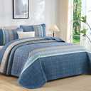 Cottolester Blue Quilt Set King Size,3 Pieces Striped Patchwork Quilted Bedding Sets,Soft Lightweight King Bedspreads Coverlets Bedding Set for All Seasons 110"x90"